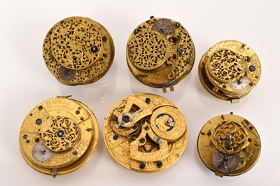 Lot 555 - Six antique pocket watch movements to include 18th century fusee movements by E. Hubert Junior, John Kirton, Hamlet, Fleurier Bovet, Wm. Tartleton of Liverpool and L'Epine Paris (6)