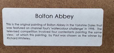Lot 320 - Paul Talbot-Greaves, watercolour of Bolton Abbey (featured on Channel 4's Watercolour Challenge in 1998) 27cm x 38cm, glazed frame