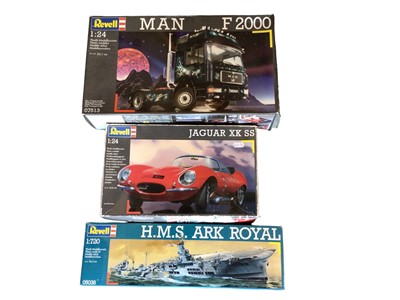 Lot 1834 - Revell 1:24 Scale model kit Jaguar XK SS, MAN F2000, 1:72 SCale HMS Ark Royal, plus Aoshimn 4200 Isuzu Giga 25 wing cargo and three 1000 piece jigsaws (7)