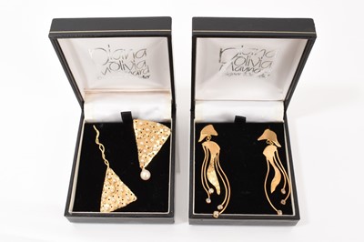 Lot 500 - Two pairs of contemporary hand made 18ct gold and gem-set pendant earrings by Diana Olivia Maynard