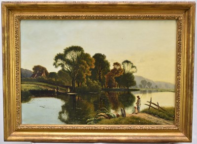 Lot 1237 - Attributed to Edwin Henry Boddington (c.1836-1905) oil on canvas - River Landscape with figures in a punt, 45cm x 66cm, in gilt frame