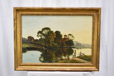 Lot 1237 - Attributed to Edwin Henry Boddington (c.1836-1905) oil on canvas - River Landscape with figures in a punt, 45cm x 66cm, in gilt frame