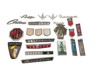 Lot 49 - Group of vintage badges to include Ford Anglia, Corsair, Corsair and Anglia, Rover, MG and Austin (1 box).