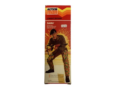 Lot 1839 - Palitoy Action Man Combat Division Soldier 12" action figure with flock hair and eagle eyes (head detached), grey trunk body and uniform, boxed No.934801 and Action Man Action Force Z Force Capt...