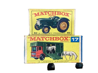 Lot 1844 - Matchbox Series 1-75 Horse Box No.17, 8. Wheel Tipper No.51, Tractor No.50, Field Car No.18 & Honda Motorcycle & Trailer No.38, boxed (6)