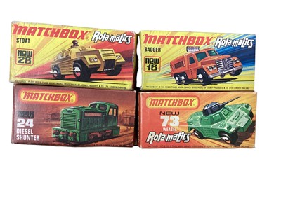 Lot 1845 - Matchbox Series 1-75 Chevrolet Van No.68, Diesel Shunter No.24, Siva Spyder No.41,Model A Ford No.73, Mercedes Container Truck No.42 Stoat No.28, Weasel No.73 & Badger No.16 (8)