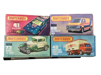 Lot 1845 - Matchbox Series 1-75 Chevrolet Van No.68, Diesel Shunter No.24, Siva Spyder No.41,Model A Ford No.73, Mercedes Container Truck No.42 Stoat No.28, Weasel No.73 & Badger No.16 (8)