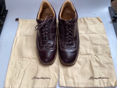 Lot 2136 - Mens Santoni Club brown leather trainers size 8 1/2 , Jones brown leather sandals and brown leather slip-on leisure shoes, size Spanish 43