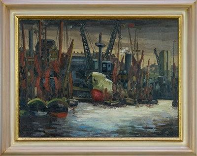 Lot 989 - *David Carr (1915-1968) oil on canvas - Ipswich Docks, relined but signed and dated verso 1943 beneath new lining, framed, 44.5cm x 59.5cm Provenance: Ex. Glyn Morgan Estate