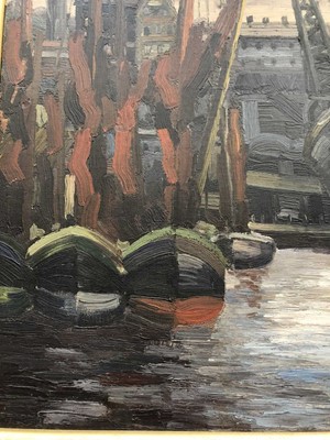 Lot 989 - *David Carr (1915-1968) oil on canvas - Ipswich Docks, relined but signed and dated verso 1943 beneath new lining, framed, 44.5cm x 59.5cm Provenance: Ex. Glyn Morgan Estate