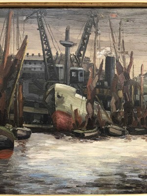 Lot 989 - *David Carr (1915-1968) oil on canvas - Ipswich Docks, relined but signed and dated verso 1943 beneath new lining, framed, 44.5cm x 59.5cm Provenance: Ex. Glyn Morgan Estate