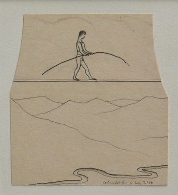 Lot 954 - *Colin Self (b.1941) pencil on card packaging - The Tightrope Walker, signed and dated 2008, titled verso, 14.5cm x 13cm, in glazed frame