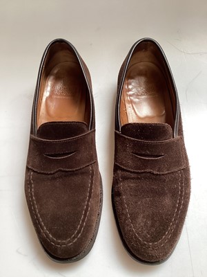 Lot 2139 - Mens Crockett & Jones, two pair of brown suede loafer shoes size 9 1/2 E and 10 E. Some wear to both pairs.