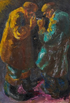 Lot 947 - *Colin Moss (1914-2005) oil on board - 'Sharing a Light', an early work, signed and dated '54, unframed 56 x 38cm