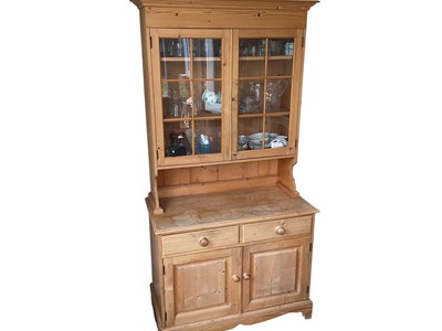 Lot 1227 - Pine kitchen display cabinet with two drawers, double base cupboard and double glazed cabinet, 1000mm x 510mm x 1980mm high (1)