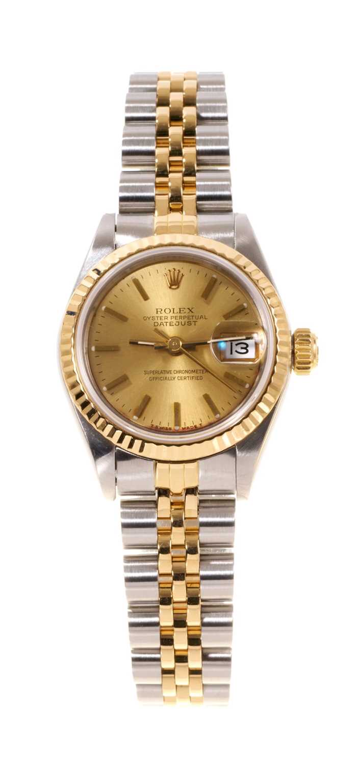 Lot 580 - Ladies Rolex Oyster Perpetual DateJust gold and stainless steel wristwatch, boxed with papers