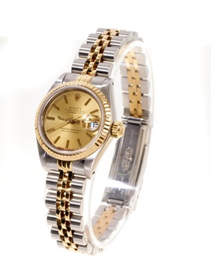 Lot 580 - Ladies Rolex Oyster Perpetual DateJust gold and stainless steel wristwatch, boxed with papers