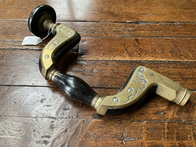 Lot 2415 - Victorian brass framed ebony brace by Alfred Ridge, Eccles Field, owners stamp for G Johnson, 33cm long