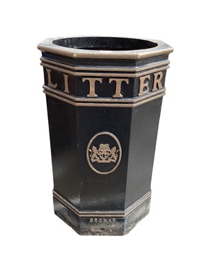 Lot 1380 - Vintage cast iron London street litter bin of octagonal form by Broxap, 82.5cm in overall height.