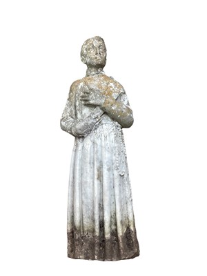 Lot 1382 - 19th century weathered marble garden statue of a priest, 41cm in overall length.