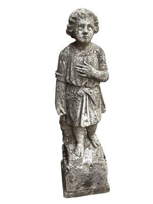 Lot 1383 - 19th century weathered marble statue of a young child, raised on a square base, approximately 74cm in overall height.