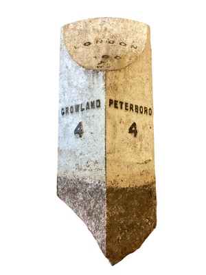 Lot 1386 - Early 20th century white painted cast metal marker post 'Crowland 4 Peterboro 4', approximately 115cm in overall height.