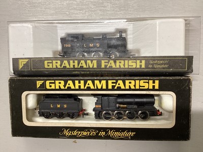 Lot Graham Farish N Gauge BR Black Early Emblem 0-6-0 Fowler 4F locomotive & tender, boxed 372-050, BR lined Early Emblem 2-6-4 4MT Tank Engine, boxed 372-526 & LMS Tank Engine 7313 & lo...