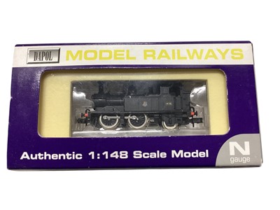 Lot Dapol N Gauge BR unlined black Early Emblem 2-6-2 locomotive 4554, boxed ND019, BR unlined black 0-4-2 locomotive 1458, boxed ND002 & BR Maroon Autocoach 196, boxed NC010 (3)