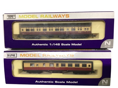 Lot Dapol N Gauge GWR Autocoach 187, NC009 & Autocoach BR Crimson & Cream 192, NC011, plus Gresley Buffet & Coaches NC-061B, NC-031C & NC-032B, all boxed (5)