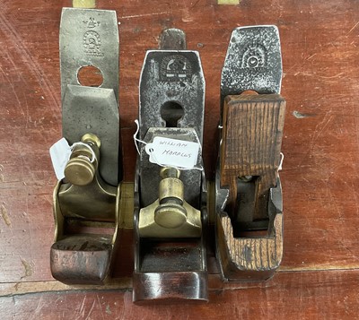 Lot 2468 - Group of three late 19th / early 20th century brass and steel smooth planes by W. Marples & Sons, 22.5cm x 7cm, another by Alexander Mathieson, 16.7cm x 6.2cm and another by Ward, 18cm x 6cm...