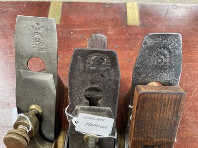 Lot 2468 - Group of three late 19th / early 20th century brass and steel smooth planes by W. Marples & Sons, 22.5cm x 7cm, another by Alexander Mathieson, 16.7cm x 6.2cm and another by Ward, 18cm x 6cm...