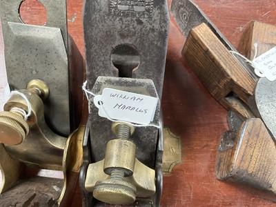 Lot 2468 - Group of three late 19th / early 20th century brass and steel smooth planes by W. Marples & Sons, 22.5cm x 7cm, another by Alexander Mathieson, 16.7cm x 6.2cm and another by Ward, 18cm x 6cm...