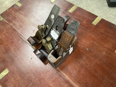 Lot 2468 - Group of three late 19th / early 20th century brass and steel smooth planes by W. Marples & Sons, 22.5cm x 7cm, another by Alexander Mathieson, 16.7cm x 6.2cm and another by Ward, 18cm x 6cm...