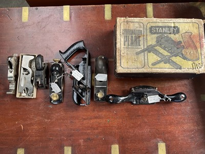 Lot 2481 - Stanley combination plane in original box, another, Stanley spoke shave and other Stanley planes and hand tools (8).