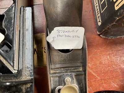 Lot 2481 - Stanley combination plane in original box, another, Stanley spoke shave and other Stanley planes and hand tools (8).