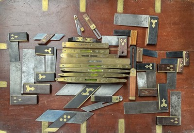 Lot 2487 - Collection of rosewood and brass mitre squares, set squares and others by various makers including Marples (1 box).