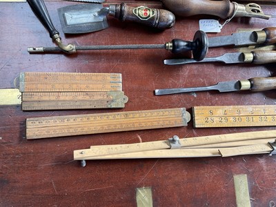 Lot 2400 - Interesting group of 19th century and later hand tools to include screwdrivers, brass pad saw, oil cans, rules and other items (1 box).