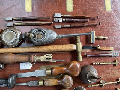 Lot 2400 - Interesting group of 19th century and later hand tools to include screwdrivers, brass pad saw, oil cans, rules and other items (1 box).