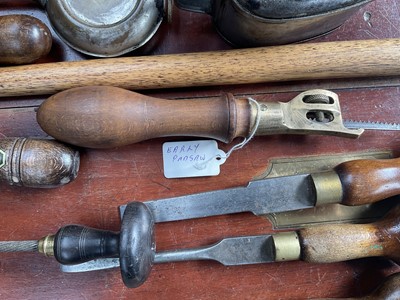 Lot 2400 - Interesting group of 19th century and later hand tools to include screwdrivers, brass pad saw, oil cans, rules and other items (1 box).