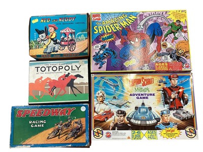 Lot 665 - Box of jigsaws, games including Escaldo, Ned and Neddy boxed plastic toy and others.