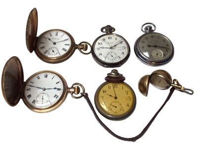 Lot 67 - Gold plated full hunter pocket watch, silver cased Waltham pocket watch, three others and a gilt metal spherical Favor watch (6)