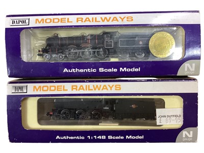 Lot 1913 - Dapol N Gauge 2-6-0 BR lined black Early Emblem Hall Class "Gossington Hall" locomotive & tender 6910, boxed NC-135C and 0-6-0 BR black Late Crest Class Q1 locomotive & tender 33009, box...