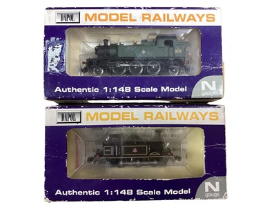 Lot 1914 - Dapol N Gauge 0-6-0 BR lined black Early Emblem Terrier tank engine 32677, boxed ND-100N and 2-6-2 BR green Early Emblem Class 45xx tank engine 4570, boxed ND-013, plus BR Autocoaches, boxed NC...