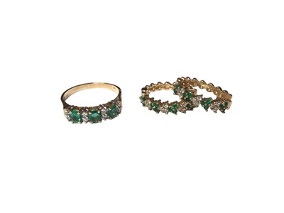 Lot 1 - 14ct gold emerald and diamond ring and pair of similar 14ct gold hoop earrings