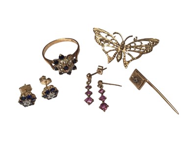 Lot 2 - 9ct gold butterfly brooch, 9ct gold gem set cluster ring, two pair of 9ct gold gem set earrings and a yellow metal pin