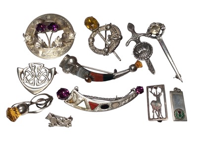 Lot 5 - Collection of Scottish silver, hardstone and gem set brooches, together with Scottish style Miracle brooches and other similar jewellery