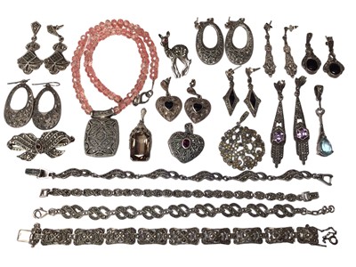 Lot 7 - Collection of silver marcasite jewellery including pairs of earrings, bracelets, pendants etc