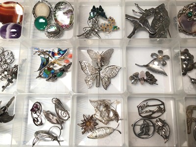 Lot 9 - Collection of silver and white metal brooches including filigree, gem set, enamelled etc