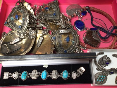 Lot 14 - Egyptian silver pharaoh and scarab beetle bracelet, Indian white metal bracelet-ring, turquoise pendant and ring, three white metal mounted necklaces and an Eastern brass and white metal panel belt