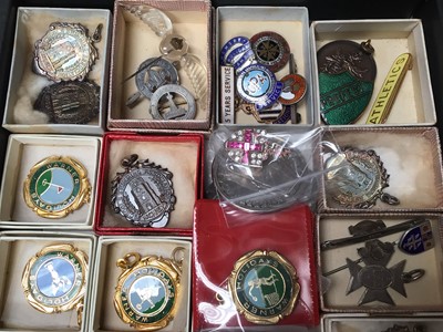 Lot 16 - Collection of school, sports, military and other fobs/medallions including some silver, together with a silver paste set shield brooch and some coins